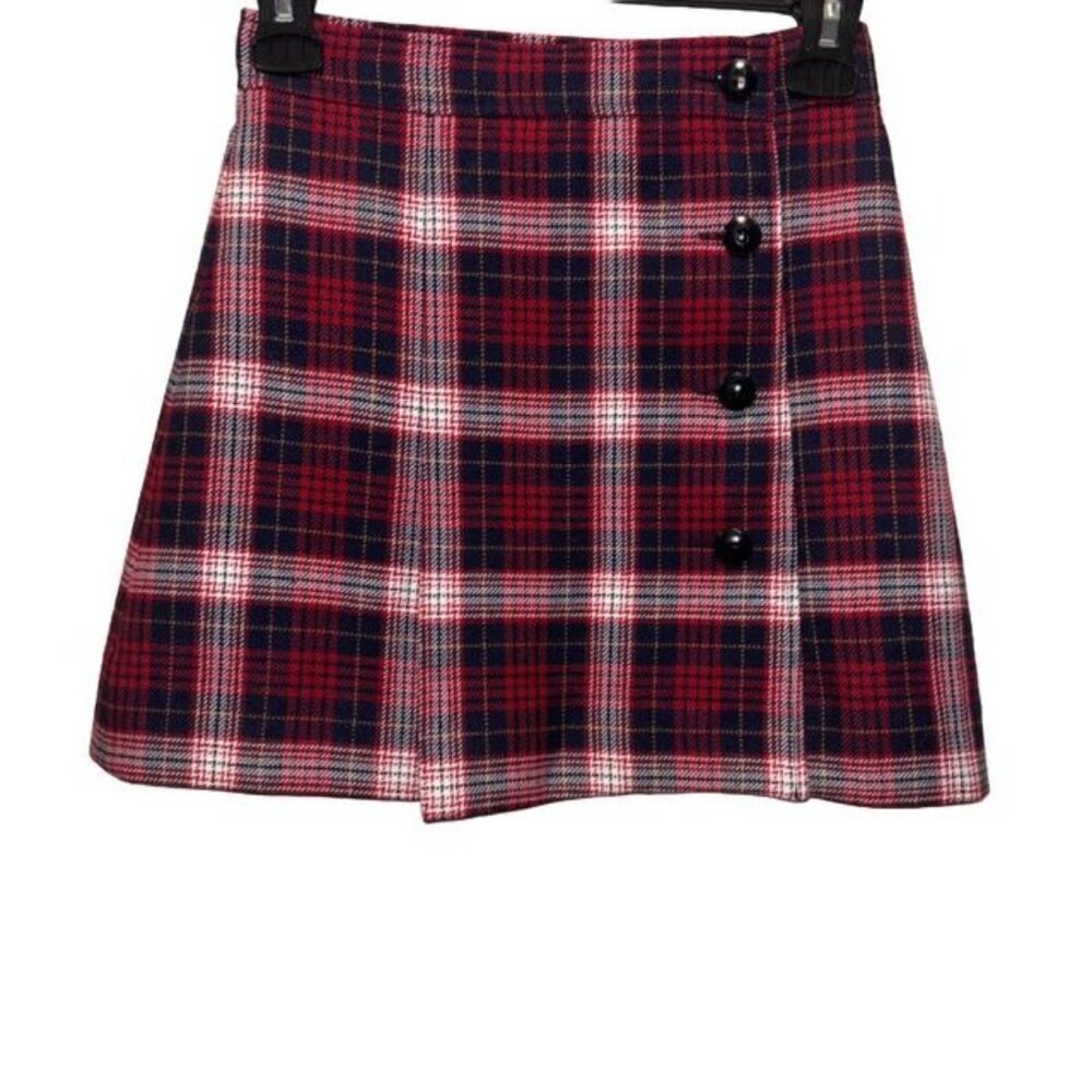 Womens Check Flare Red Mini Skirt Size 2 Wool & Silk Button Detail Made In Italy